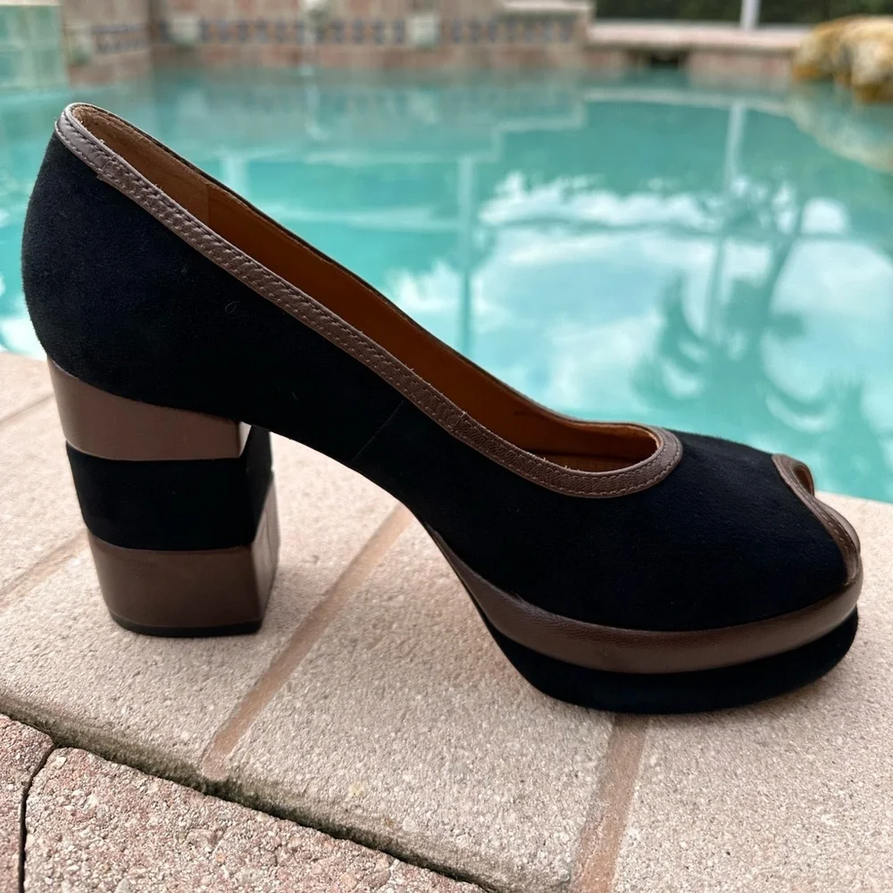 Tory Burch 70s Peep-Toe Leather & Suede Platform Pumps Women’s Size 8.5